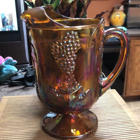 Indiana Carnival Glass Iridescent Gold Footed Pitcher Harvest Grape 64 oz - Picture 4 of 5